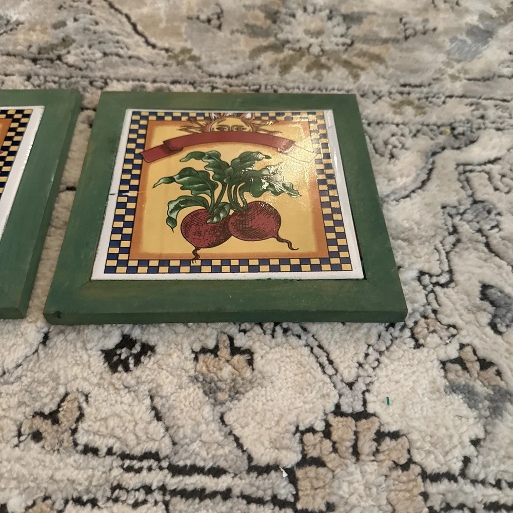 Vintage Vegetables And Sun Decor Wall Art 90s Plaques Ceramic Wood 6.5